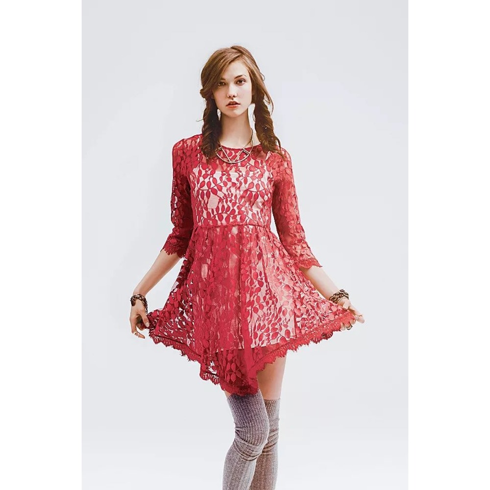 Free People Red Lace Mini Dress 3/4 Sleeve Scalloped‎ Hem Fit and Flare Size 8